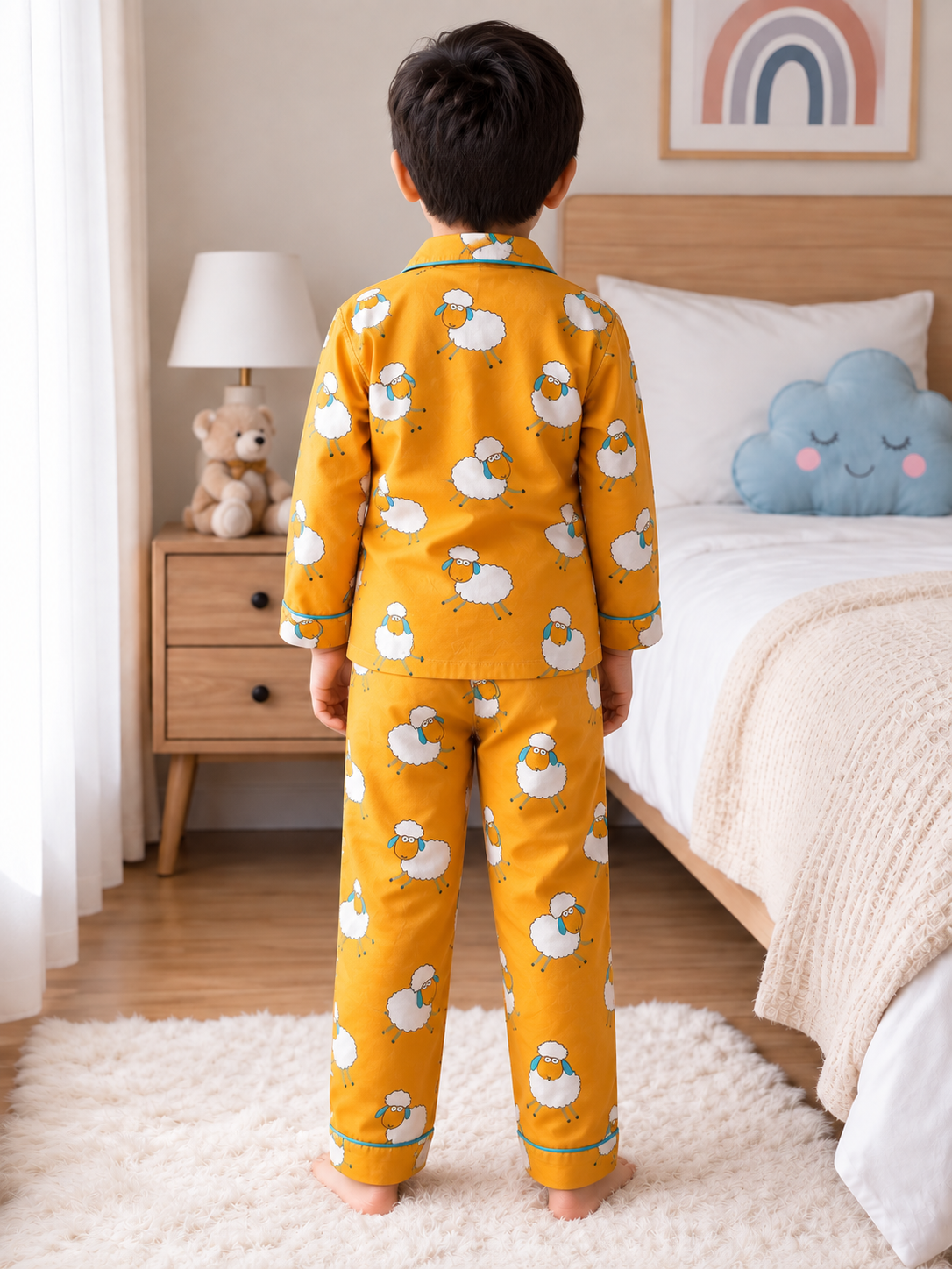 Kids Pure Cotton Sheep Print Night Suit – Full Sleeve Pajama Set with Collar & Front Pocket