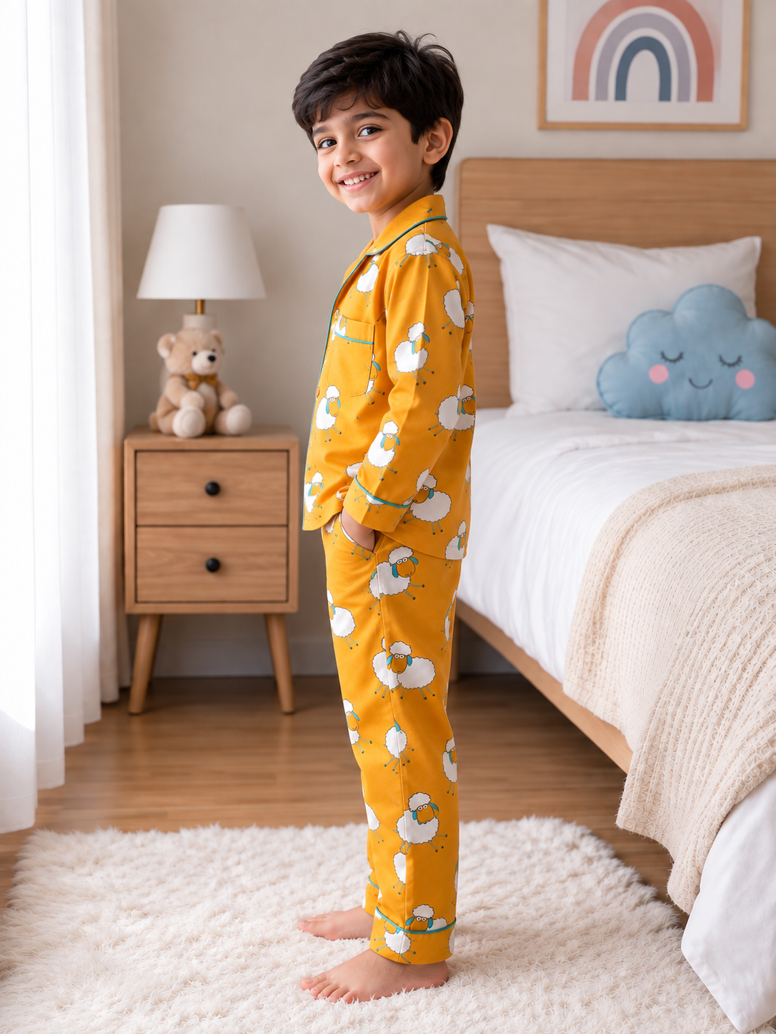 Kids Pure Cotton Sheep Print Night Suit – Full Sleeve Pajama Set with Collar & Front Pocket
