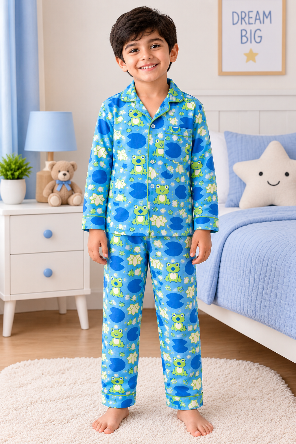 Kids Pure Cotton Frog Print Full Sleeve Night Suit | Collared Pajama Set with Front Pocket
