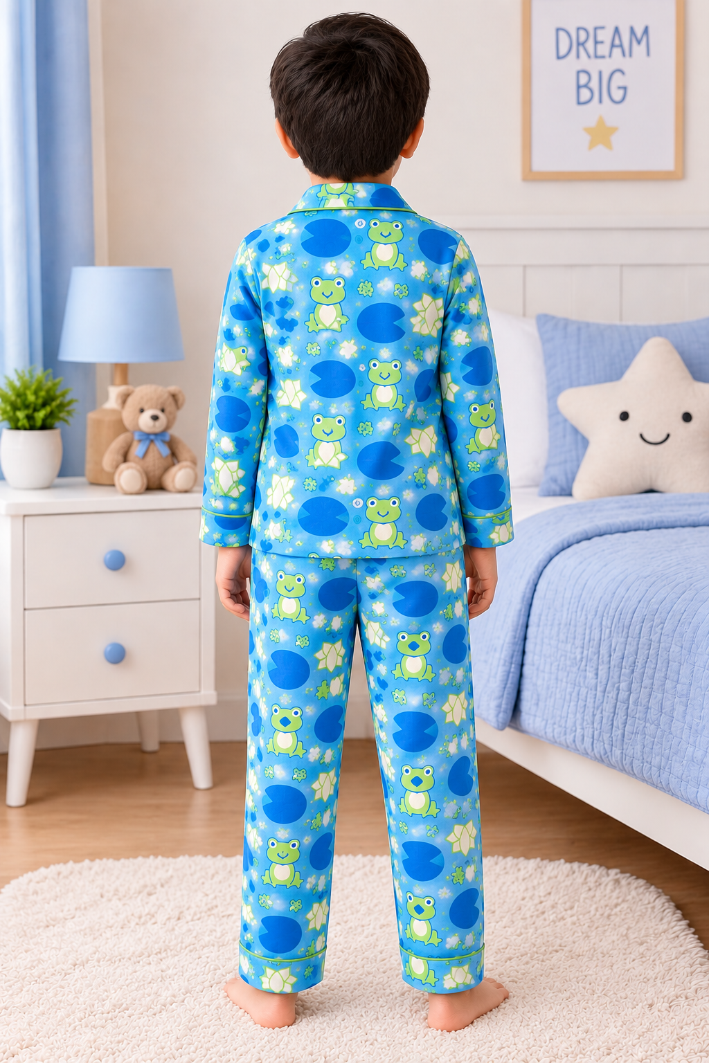 Kids Pure Cotton Frog Print Full Sleeve Night Suit | Collared Pajama Set with Front Pocket