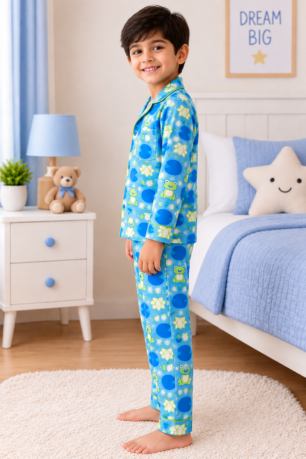 Kids Pure Cotton Frog Print Full Sleeve Night Suit | Collared Pajama Set with Front Pocket