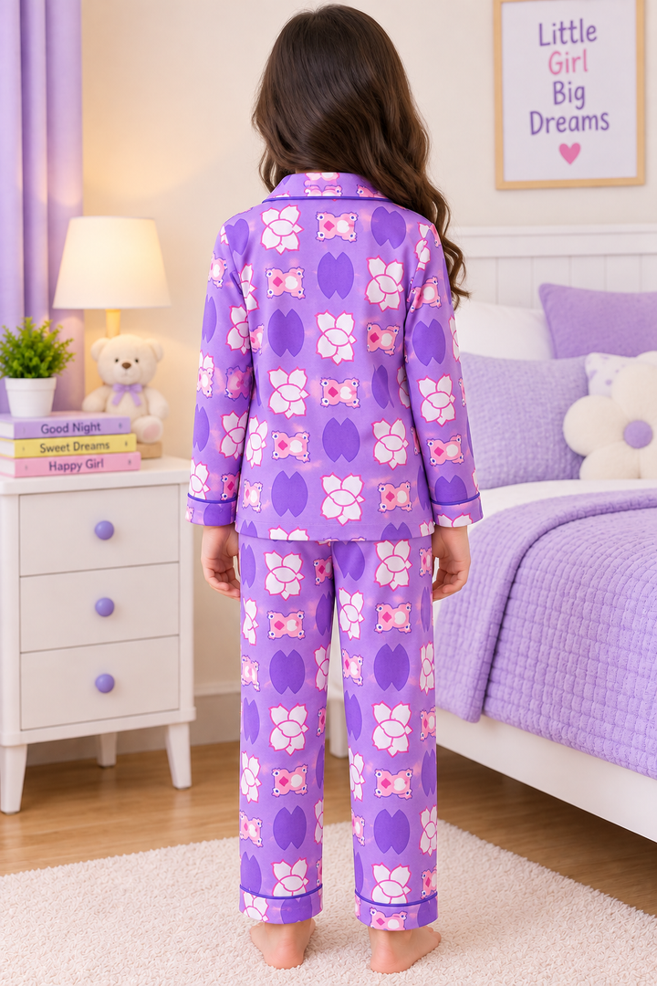 Girls Pure Cotton Full Sleeve Night Suit – Purple Floral & Cute Print Pajama Set