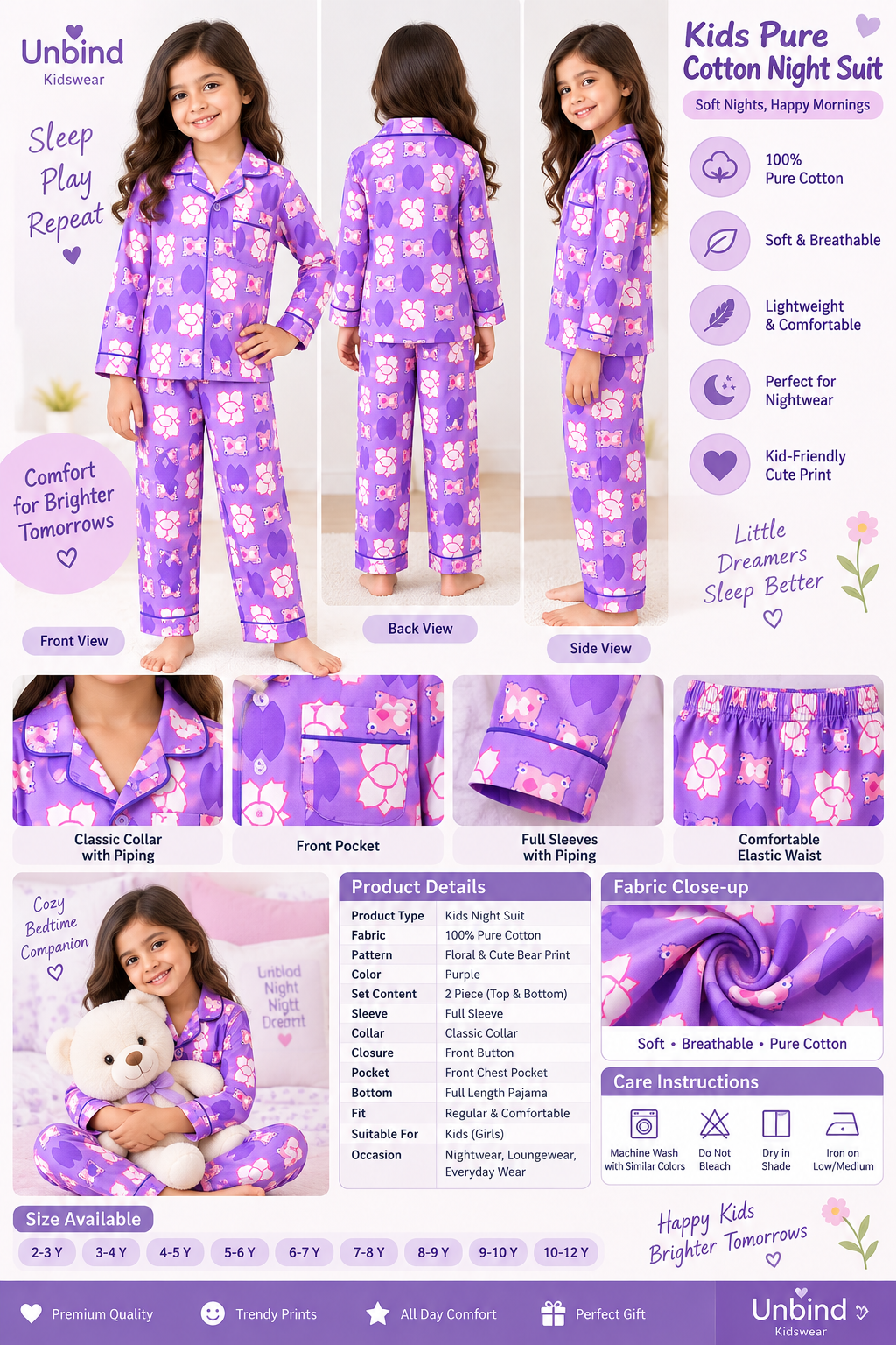 Girls Pure Cotton Full Sleeve Night Suit – Purple Floral & Cute Print Pajama Set