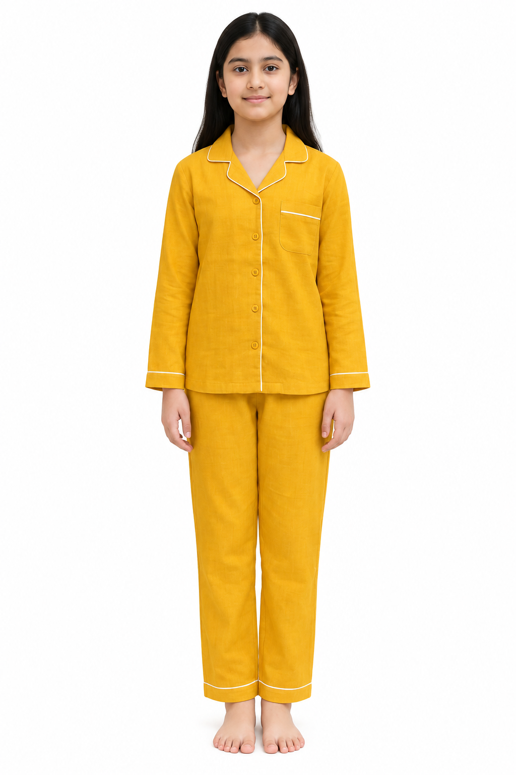 Girls Pure Cotton Full Sleeve Night Suit – Mustard Yellow