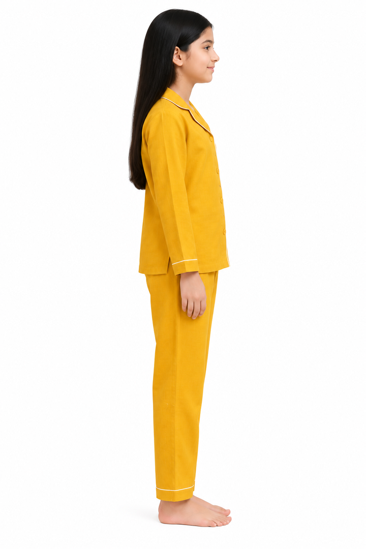 Girls Pure Cotton Full Sleeve Night Suit – Mustard Yellow