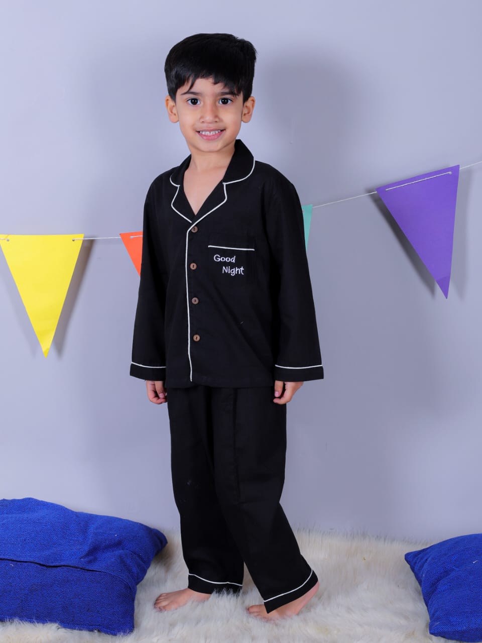Unbind Boys Black Cotton Night Suit | Classic Pajama Set