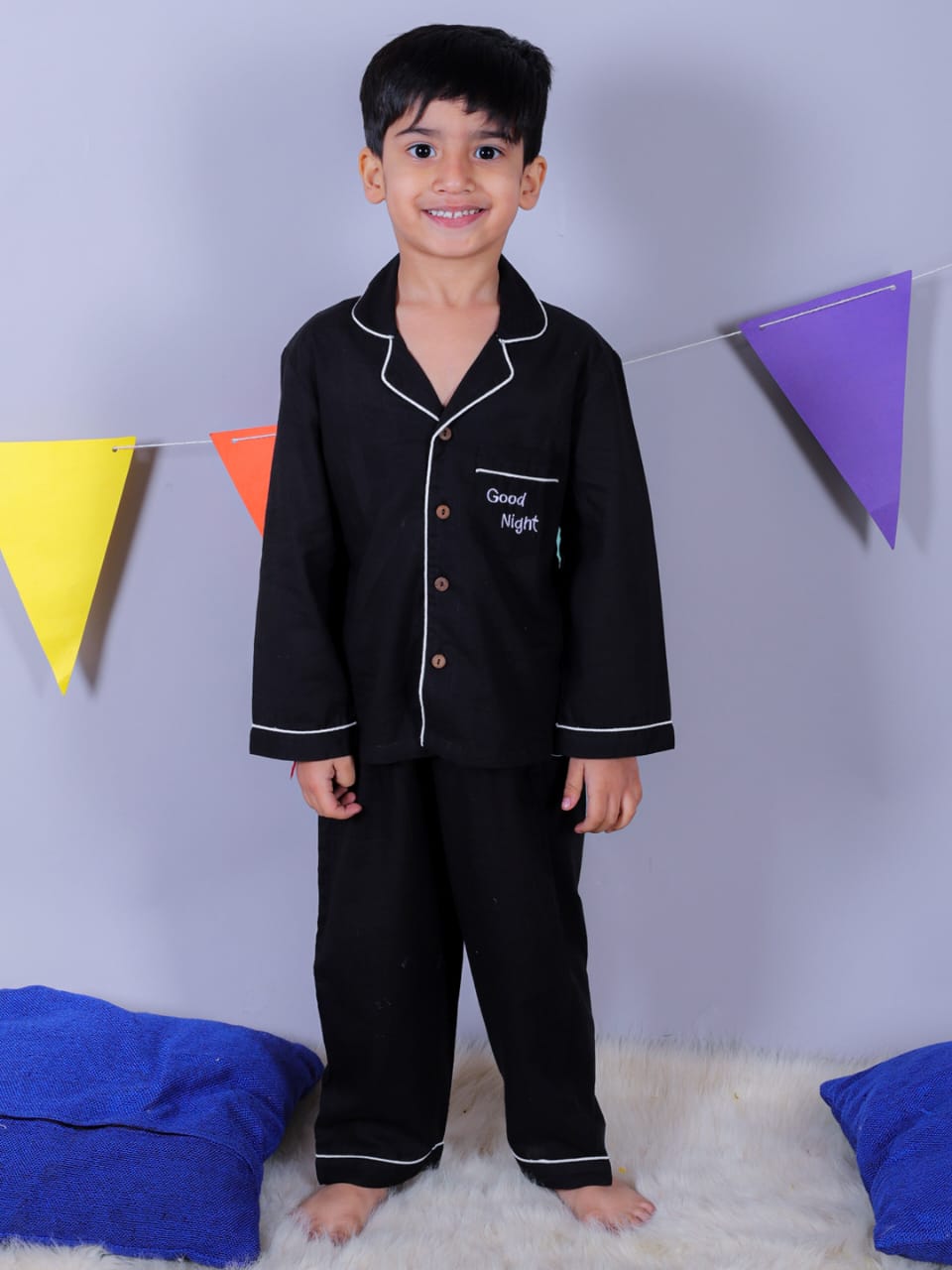 Unbind Boys Black Cotton Night Suit | Classic Pajama Set