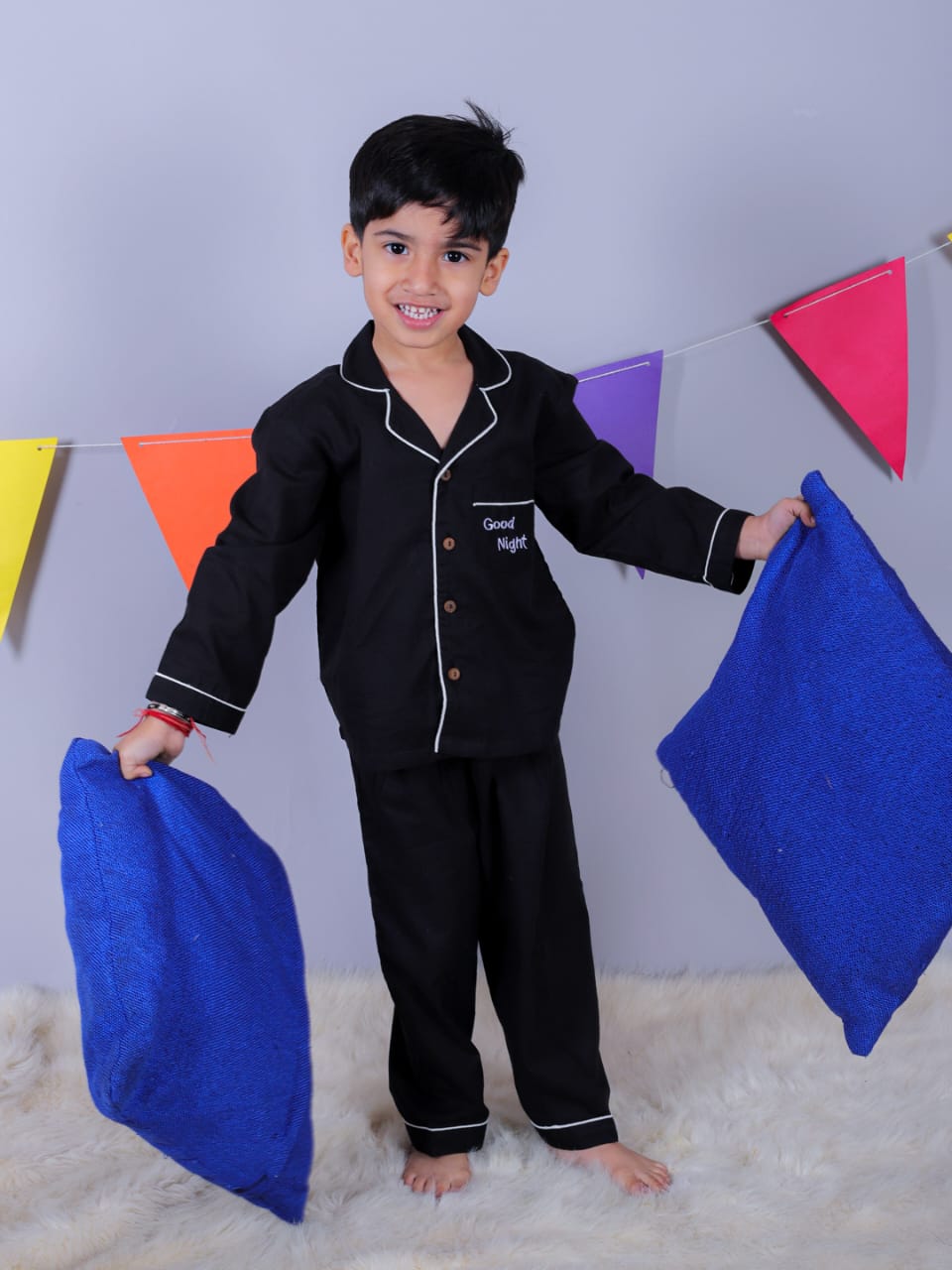 Unbind Boys Black Cotton Night Suit | Classic Pajama Set