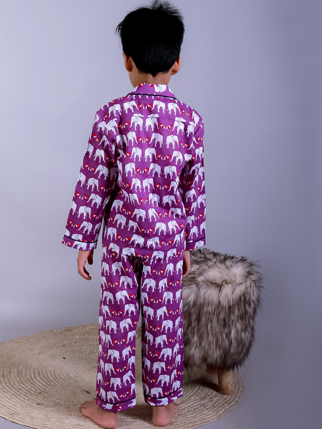 Unbind Boys Cotton Night Suit | Purple Elephant Print Pajama Set
