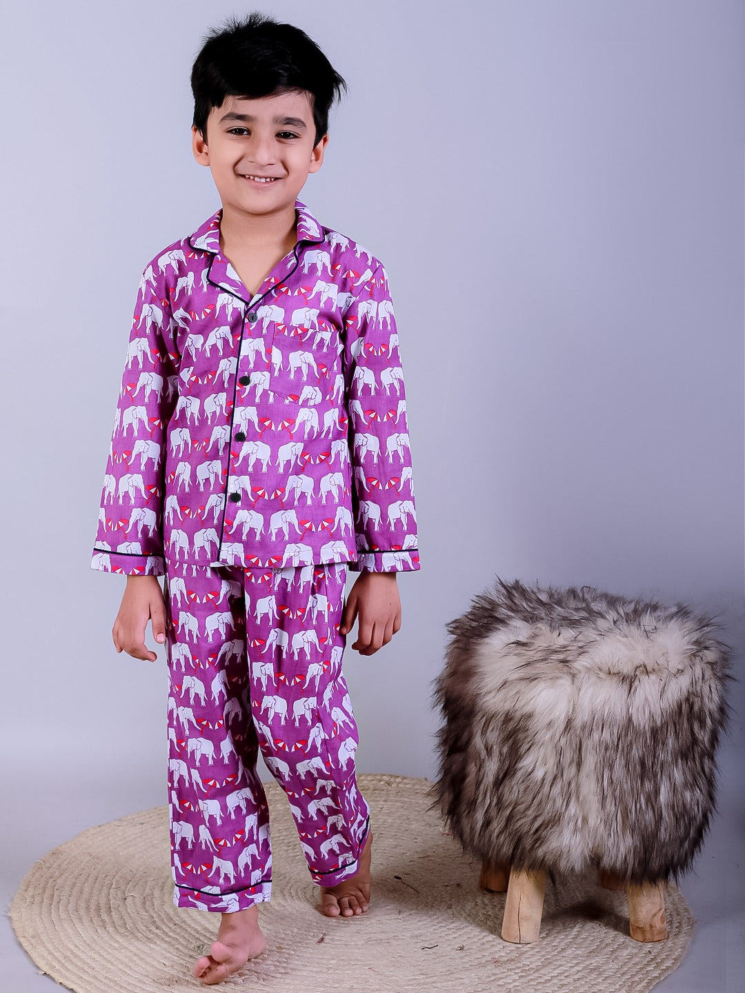 Unbind Boys Cotton Night Suit | Purple Elephant Print Pajama Set