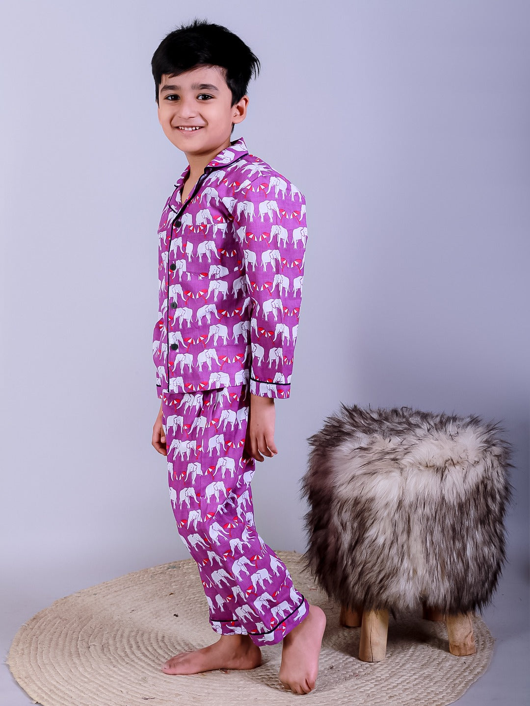Unbind Boys Cotton Night Suit | Purple Elephant Print Pajama Set