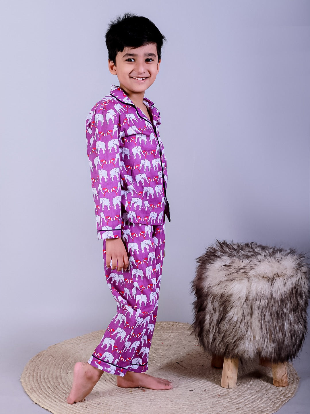Unbind Boys Cotton Night Suit | Purple Elephant Print Pajama Set