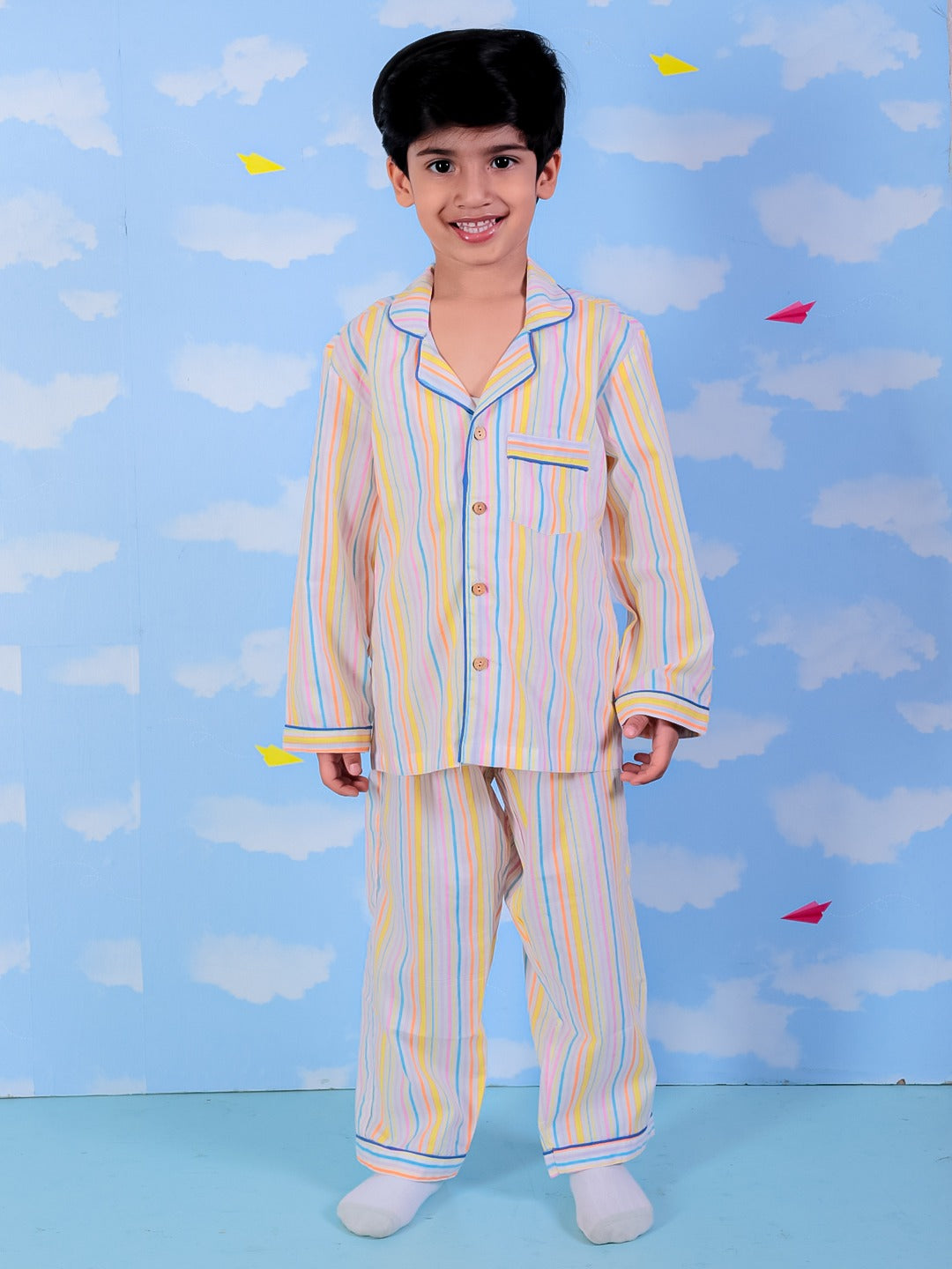 Unbind Boys Multicolor Cotton Night Suit | Striped Pajama Set