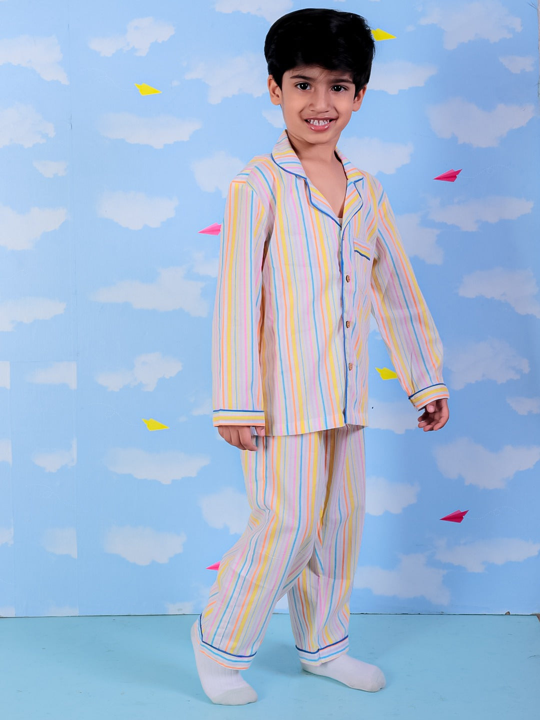Unbind Boys Multicolor Cotton Night Suit | Striped Pajama Set