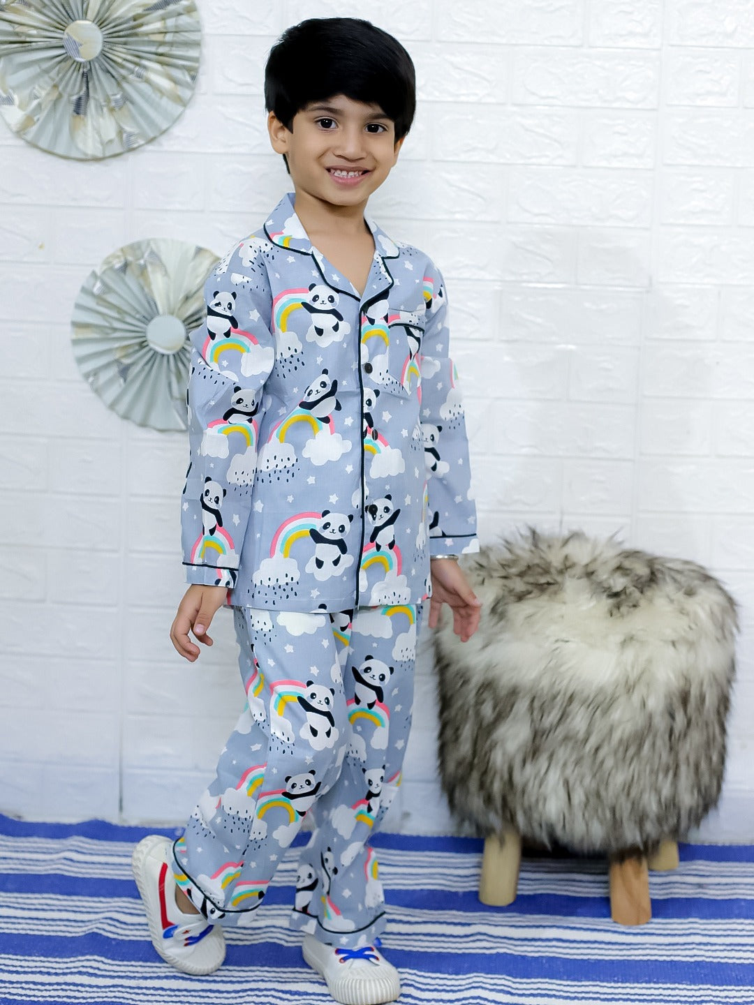 Unbind Cute Panda Printed Night Suit for Kids – Rainbow Theme