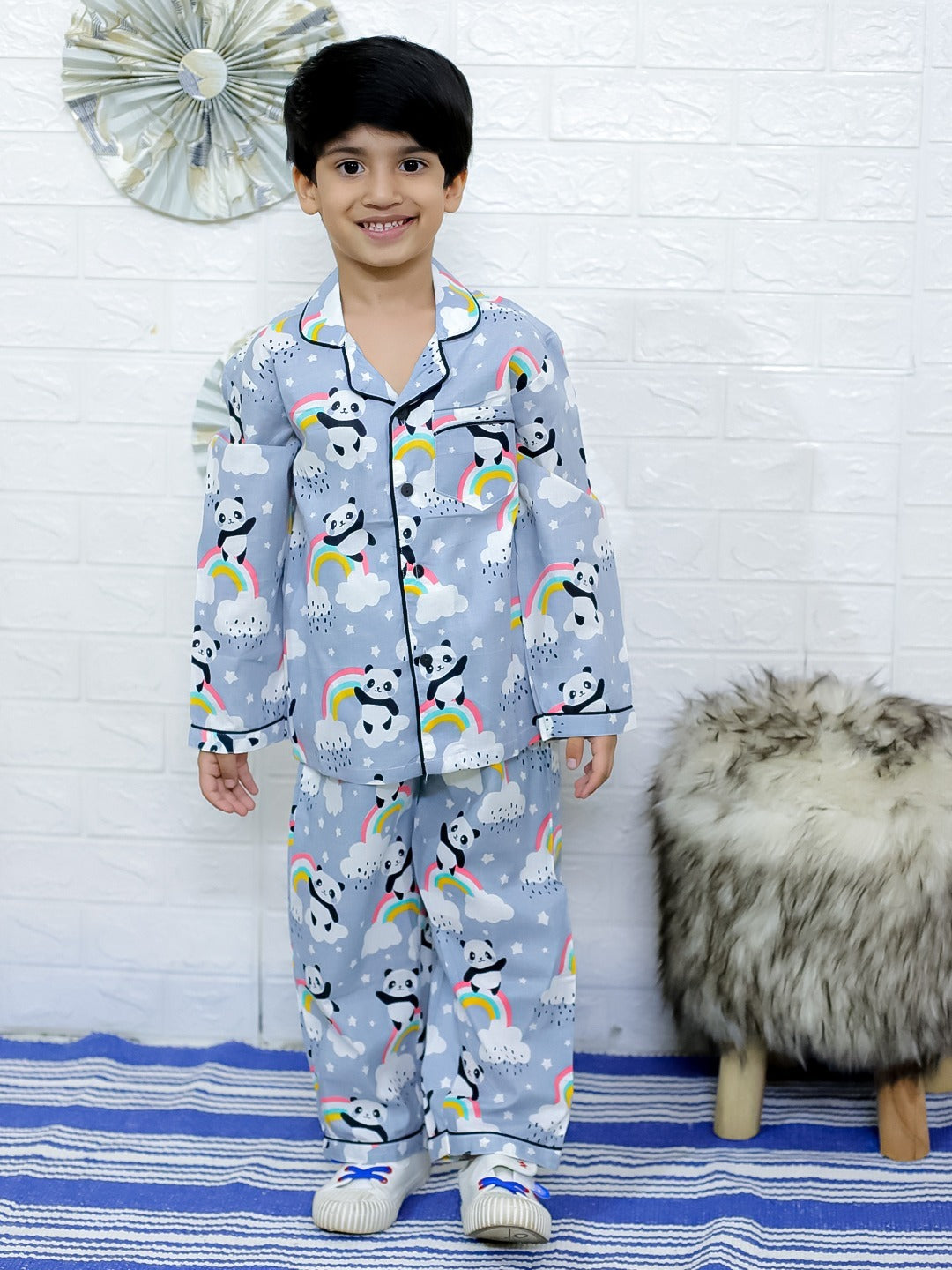 Unbind Cute Panda Printed Night Suit for Kids – Rainbow Theme