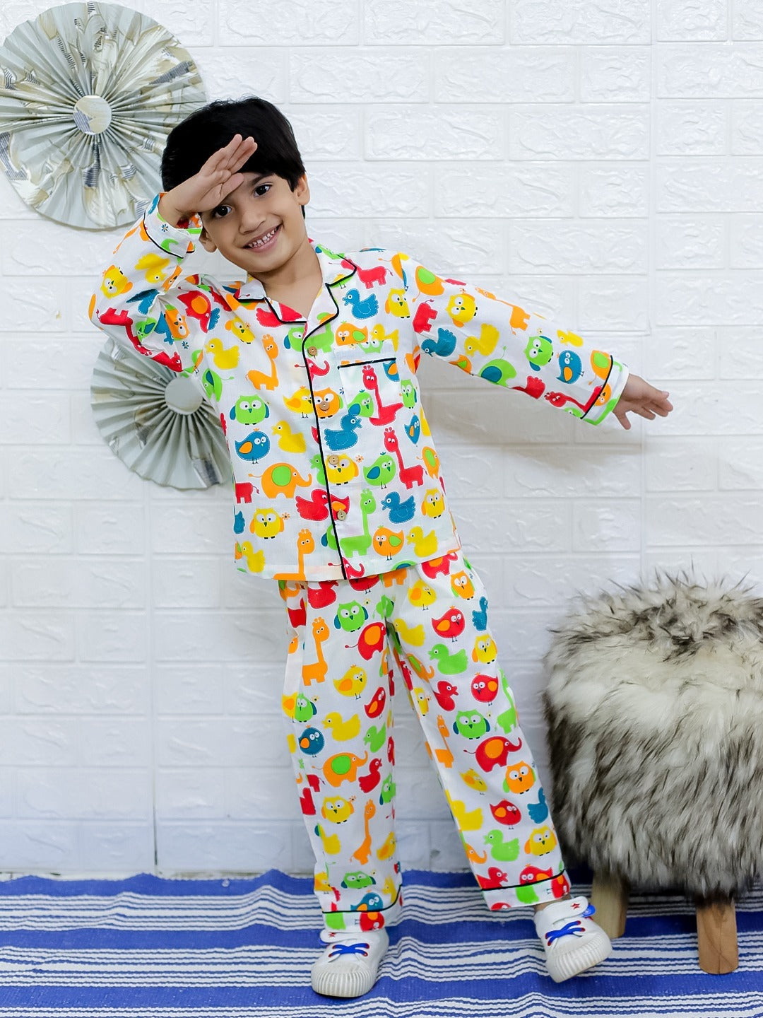 Unbind Kids Cotton Night Suit | Colorful Animal Print Pajama Set