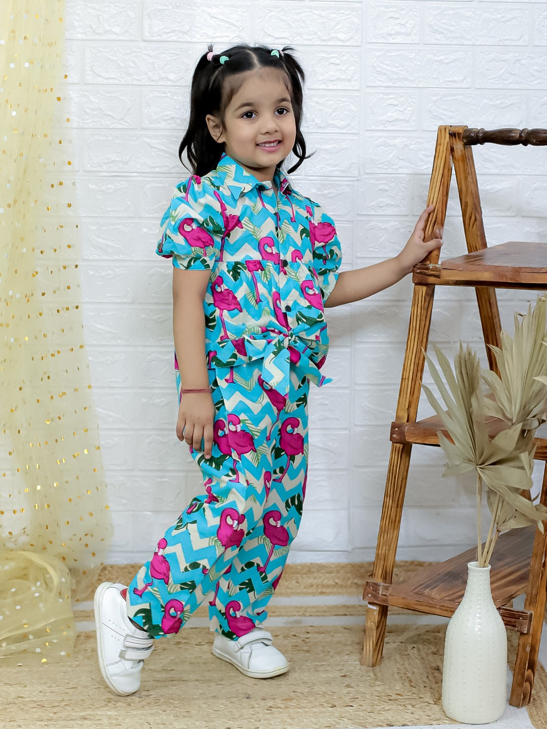 Unbind Girls Flamingo Print Co-Ord Set | Cotton Shirt & Pants