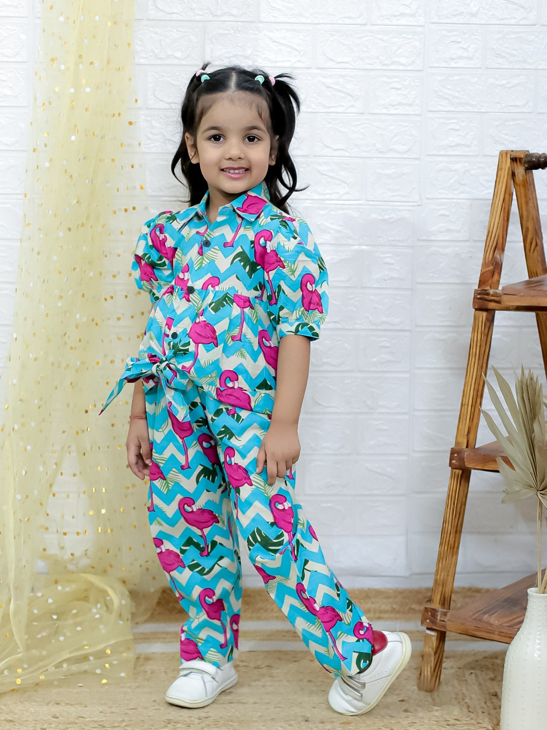 Unbind Girls Flamingo Print Co-Ord Set | Cotton Shirt & Pants
