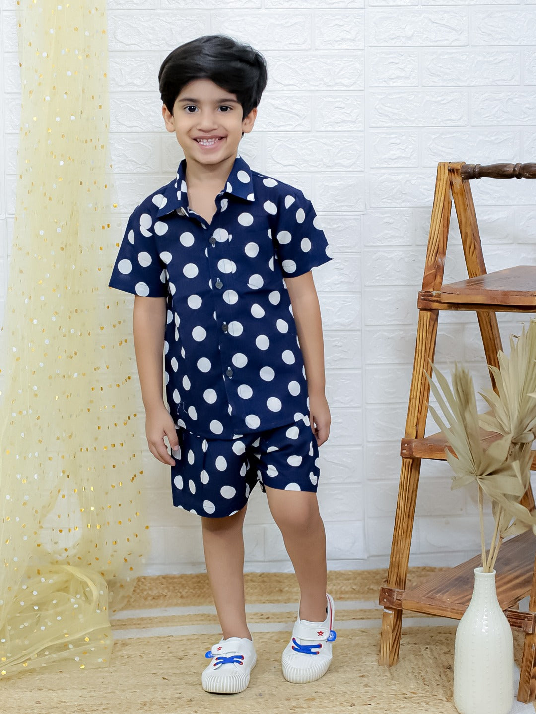 Unbind Boys Navy Polka Dot Co-Ord Set | Cotton Shirt & Shorts