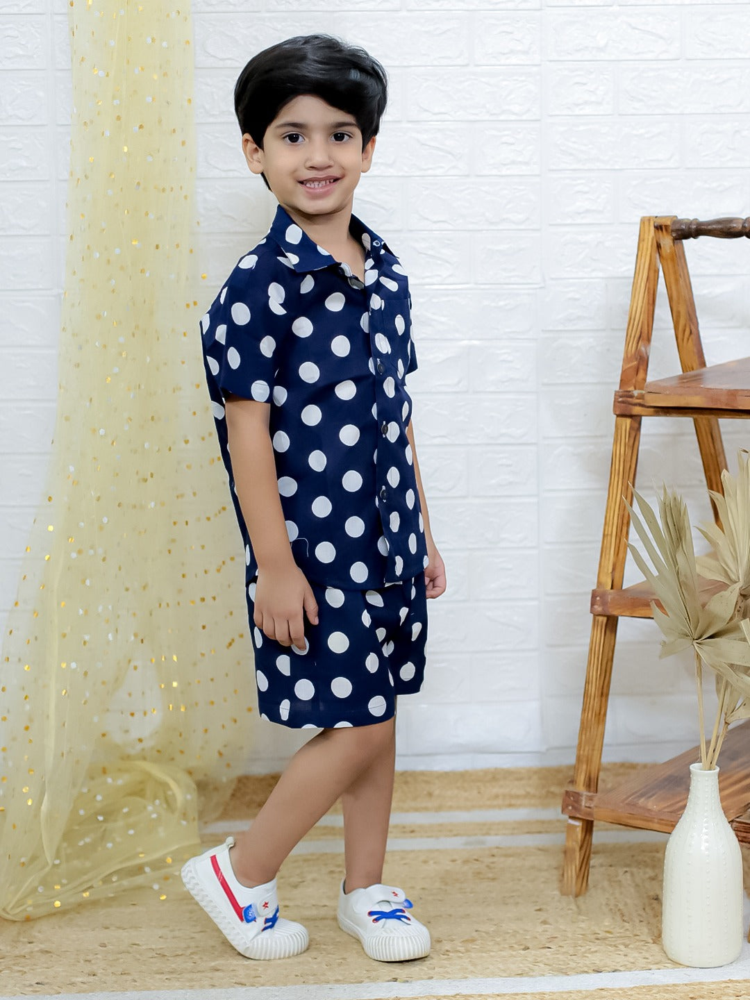 Unbind Boys Navy Polka Dot Co-Ord Set | Cotton Shirt & Shorts