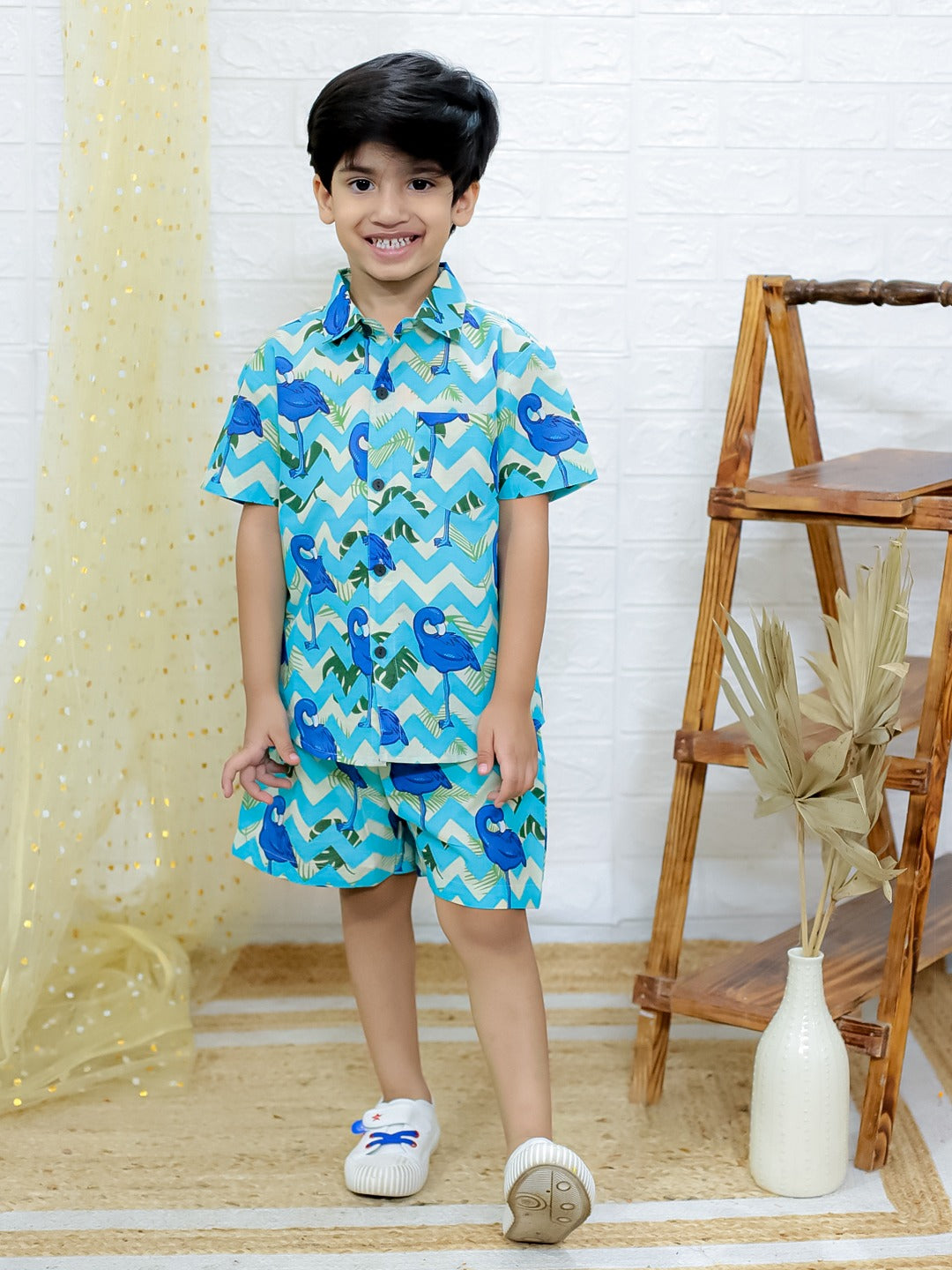 Unbind Boys Blue Tropical Co-Ord Set | Cotton Shirt & Shorts Combo