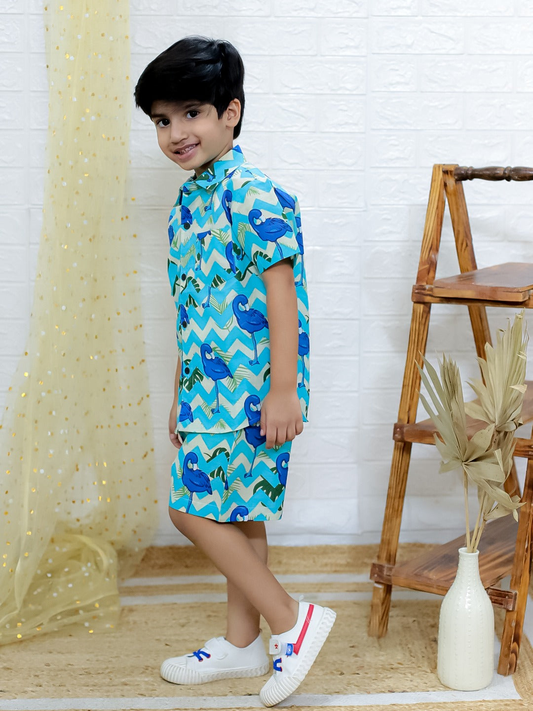 Unbind Boys Blue Tropical Co-Ord Set | Cotton Shirt & Shorts Combo