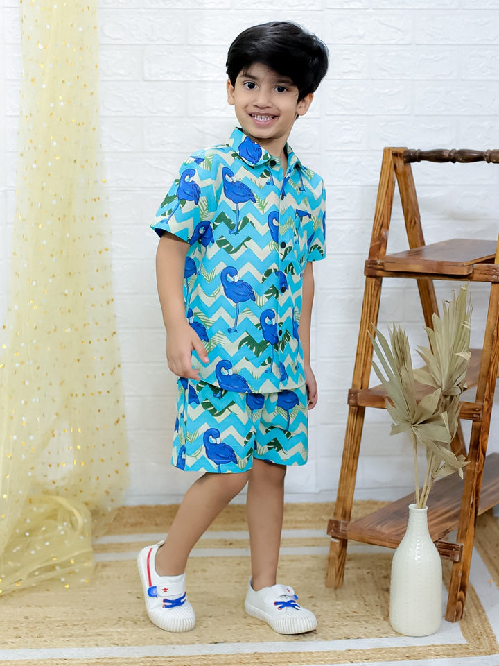 Unbind Boys Blue Tropical Co-Ord Set | Cotton Shirt & Shorts Combo