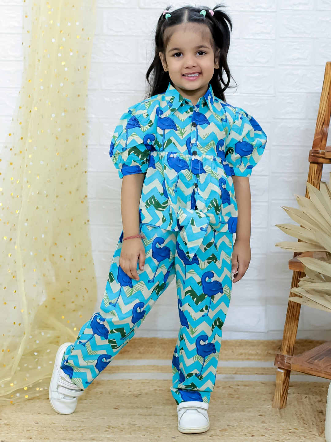 Unbind Girls Blue Tropical Co-Ord Set | Stylish Cotton Shirt & Pants