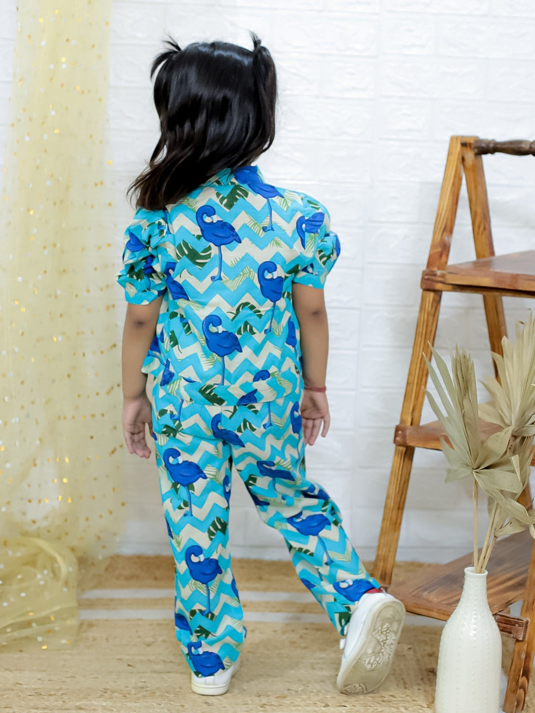 Unbind Girls Blue Tropical Co-Ord Set | Stylish Cotton Shirt & Pants