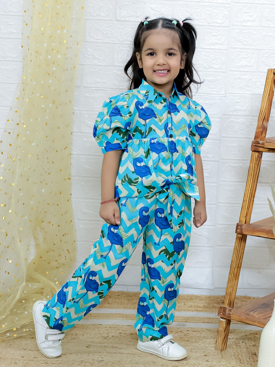Unbind Girls Blue Tropical Co-Ord Set | Stylish Cotton Shirt & Pants