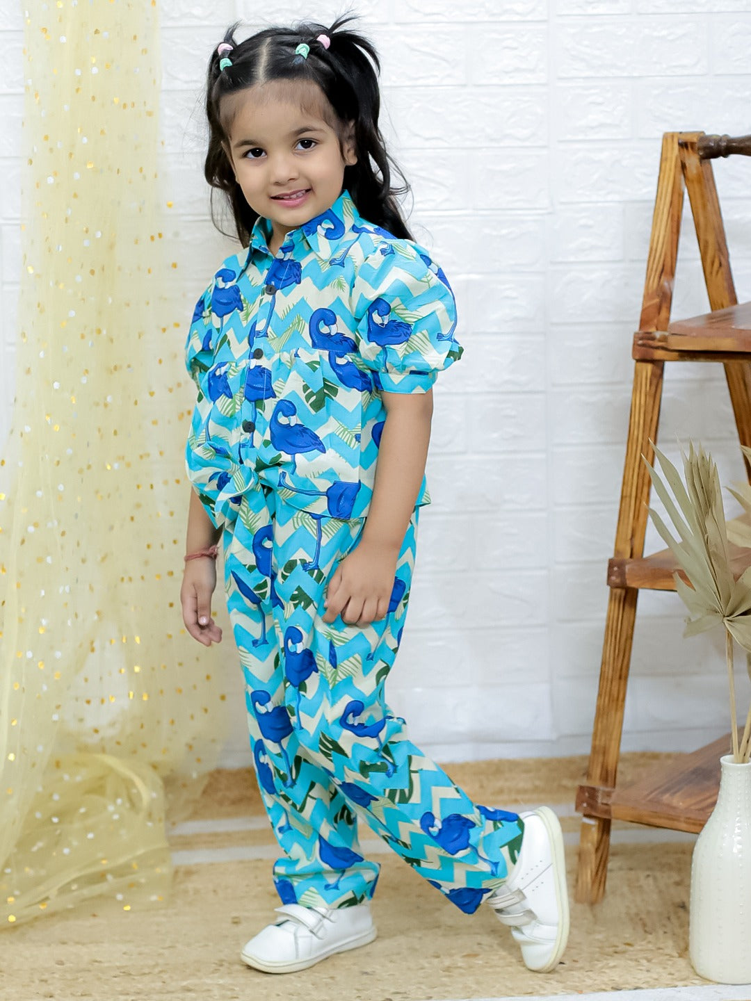 Unbind Girls Blue Tropical Co-Ord Set | Stylish Cotton Shirt & Pants