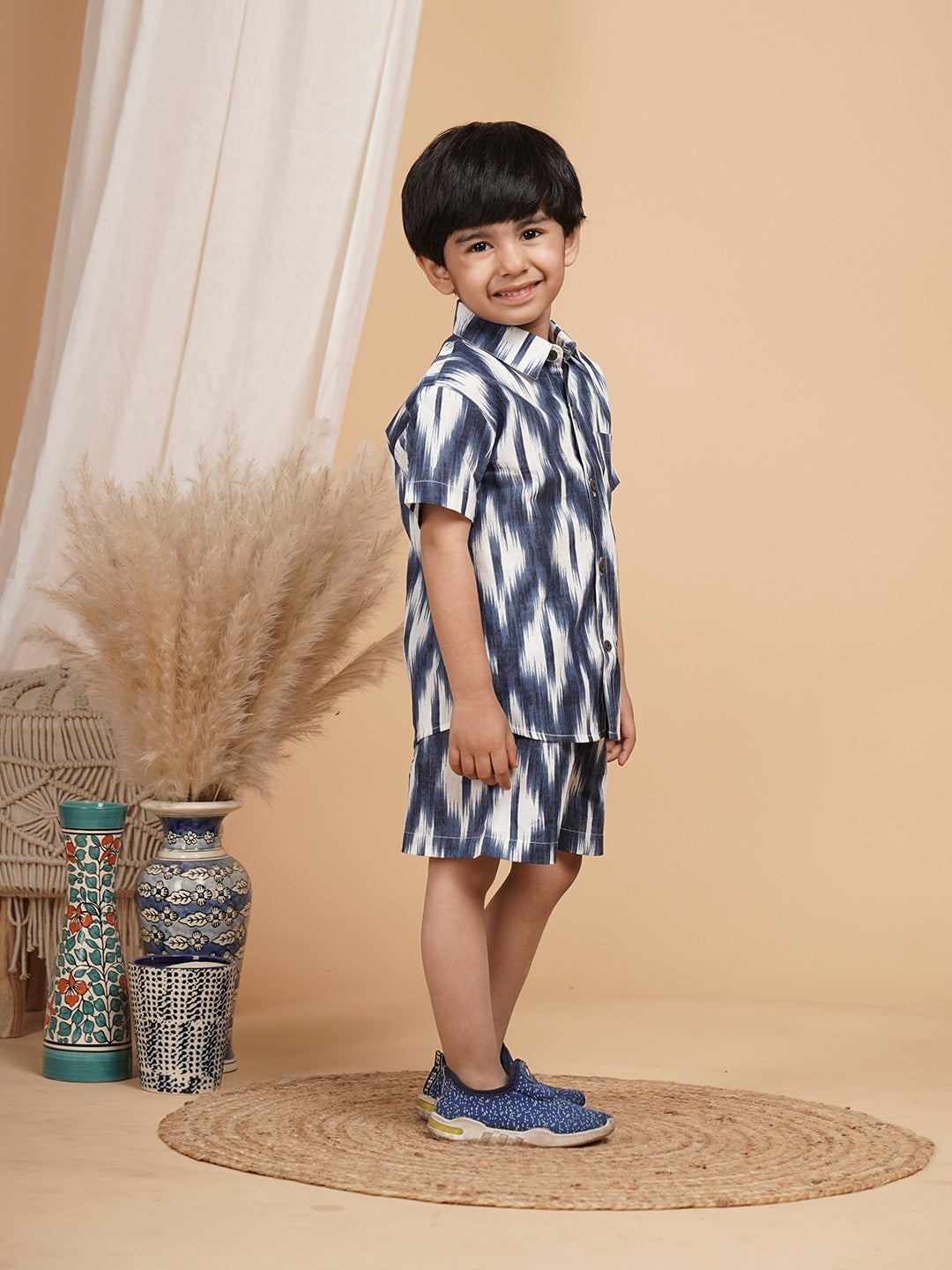 Unbind Boys Ikat Print Co-Ord Set | Cotton Shirt & Shorts Combo