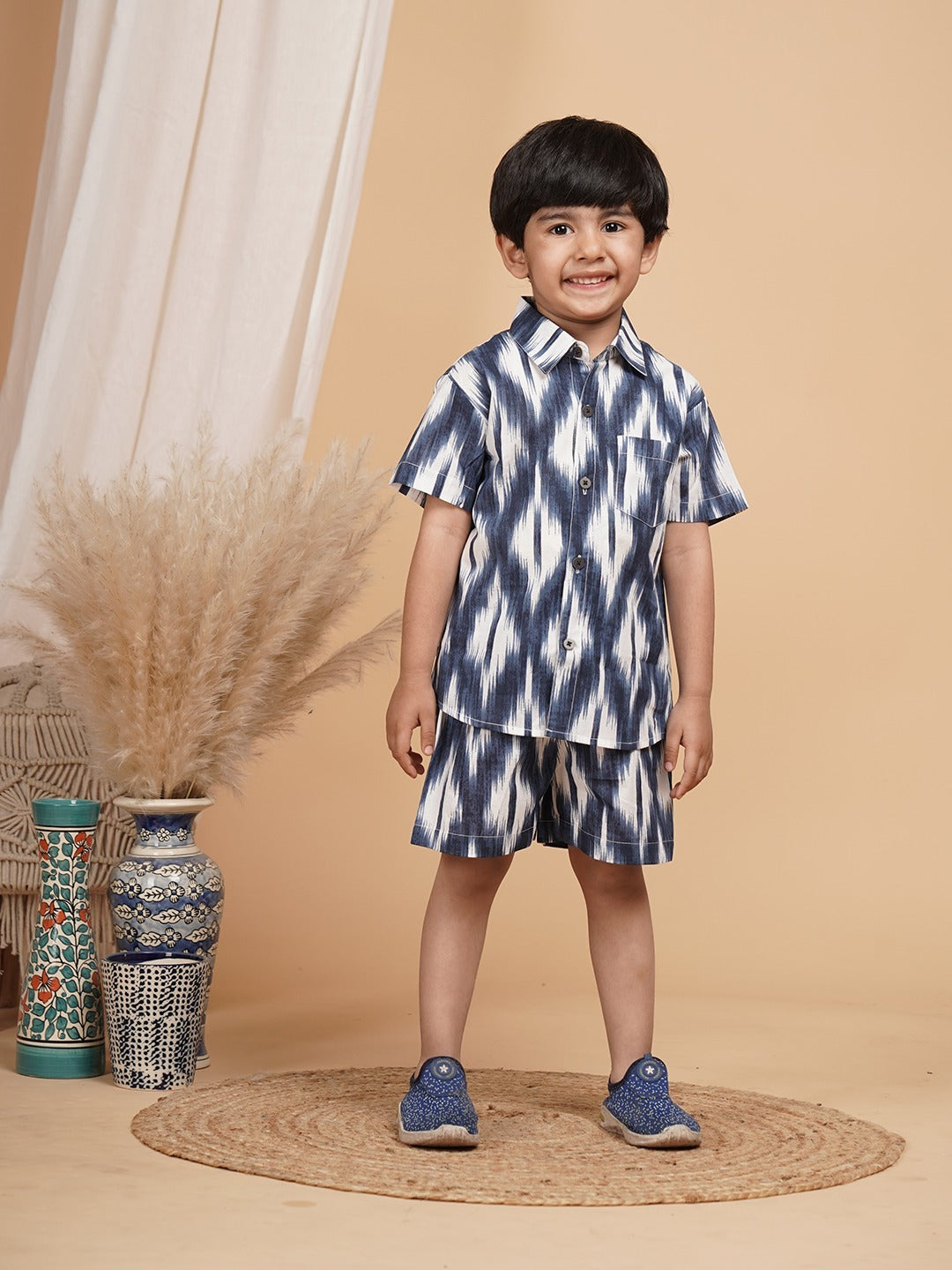 Unbind Boys Ikat Print Co-Ord Set | Cotton Shirt & Shorts Combo