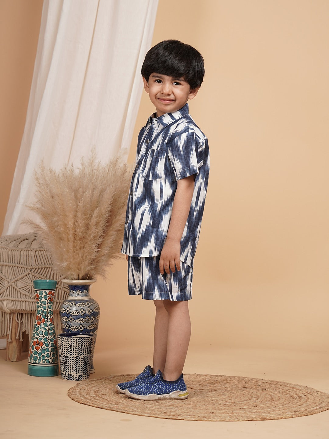 Unbind Boys Ikat Print Co-Ord Set | Cotton Shirt & Shorts Combo