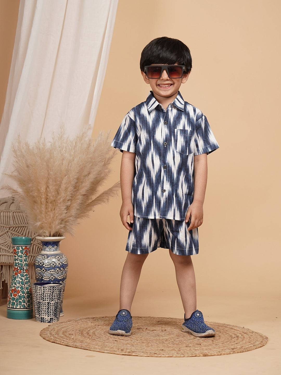 Unbind Boys Ikat Print Co-Ord Set | Cotton Shirt & Shorts Combo