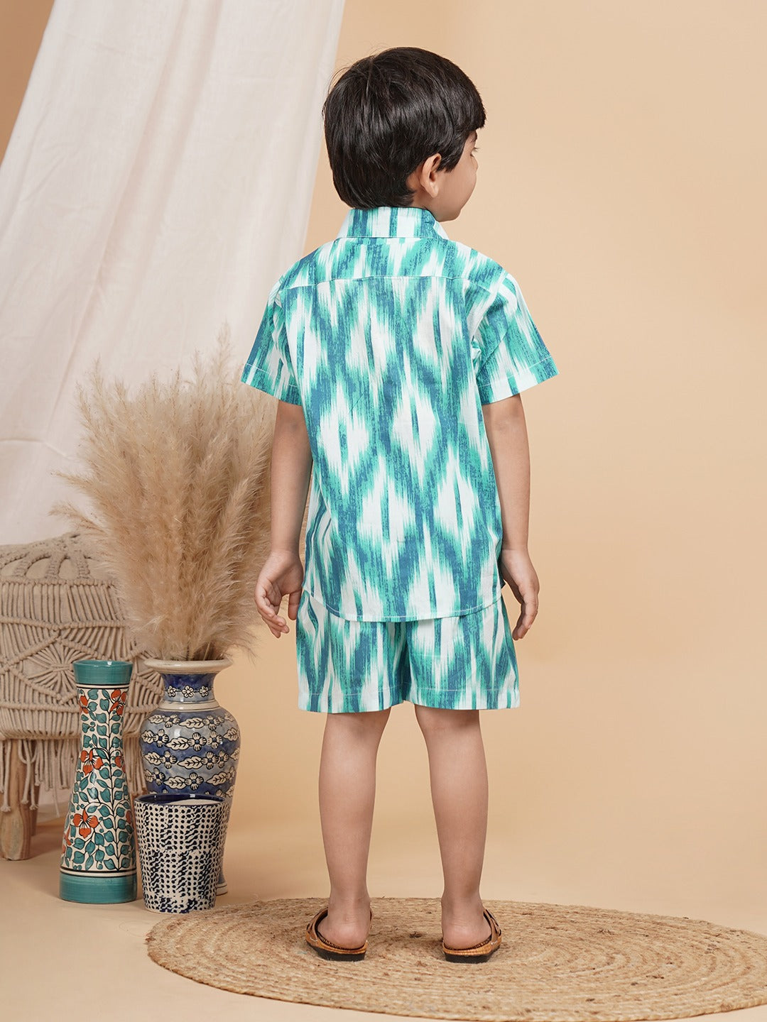 Unbind Boys Green Ikat Co-Ord Set | Classic Shirt & Shorts Combo