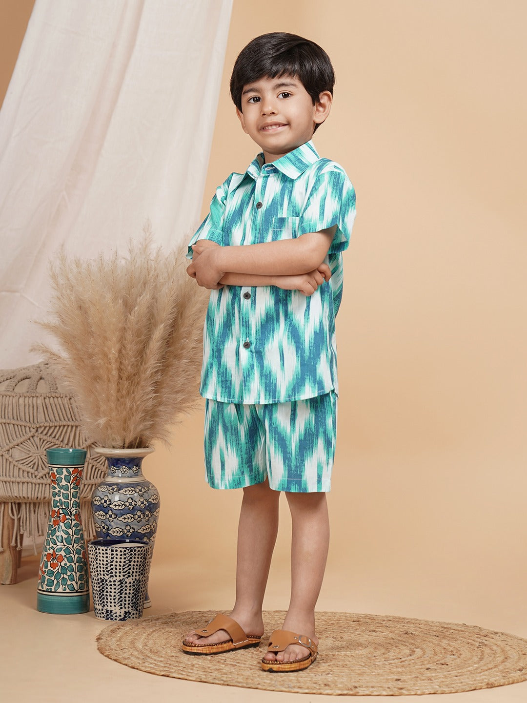 Unbind Boys Green Ikat Co-Ord Set | Classic Shirt & Shorts Combo