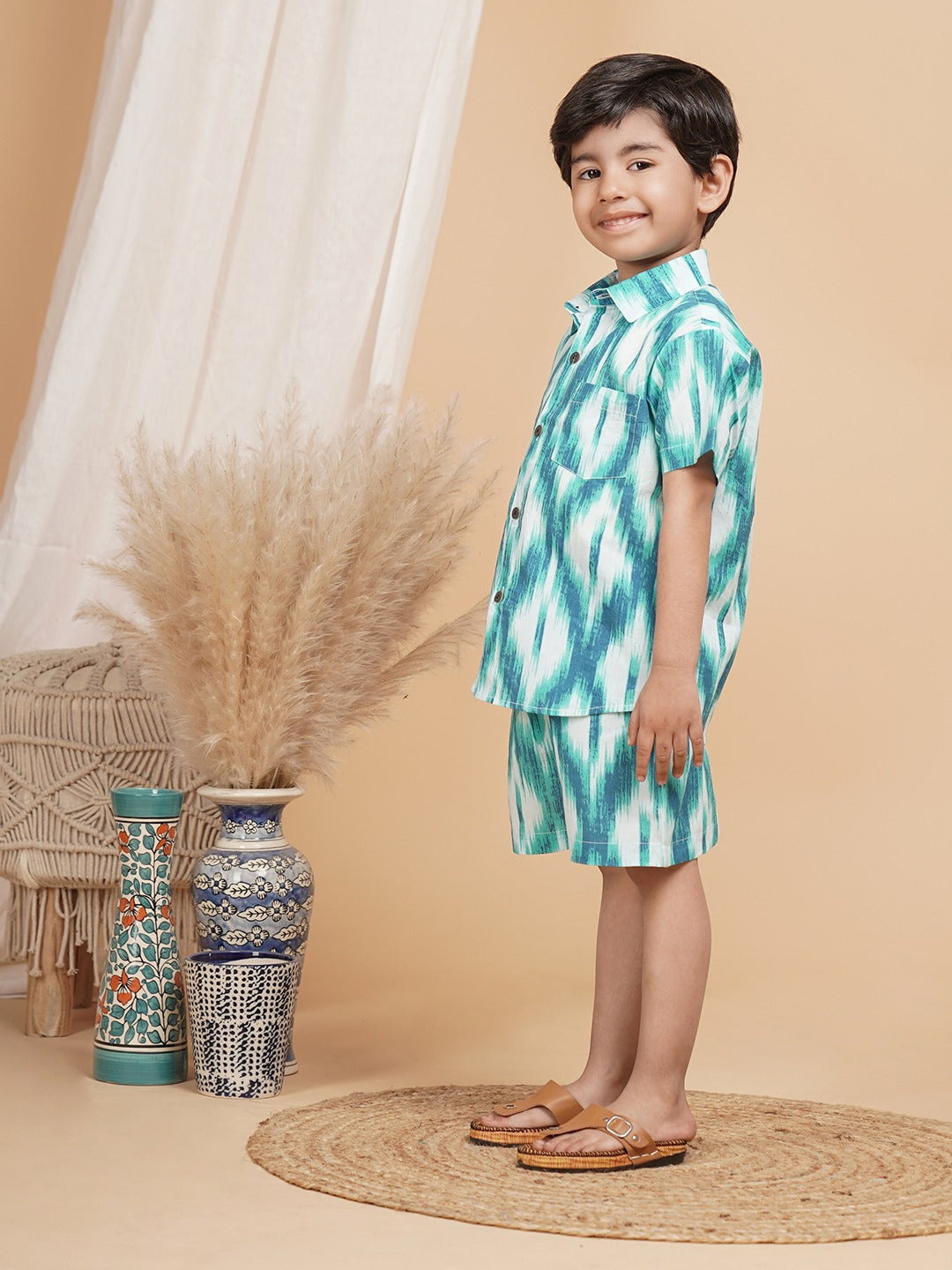Unbind Boys Green Ikat Co-Ord Set | Classic Shirt & Shorts Combo