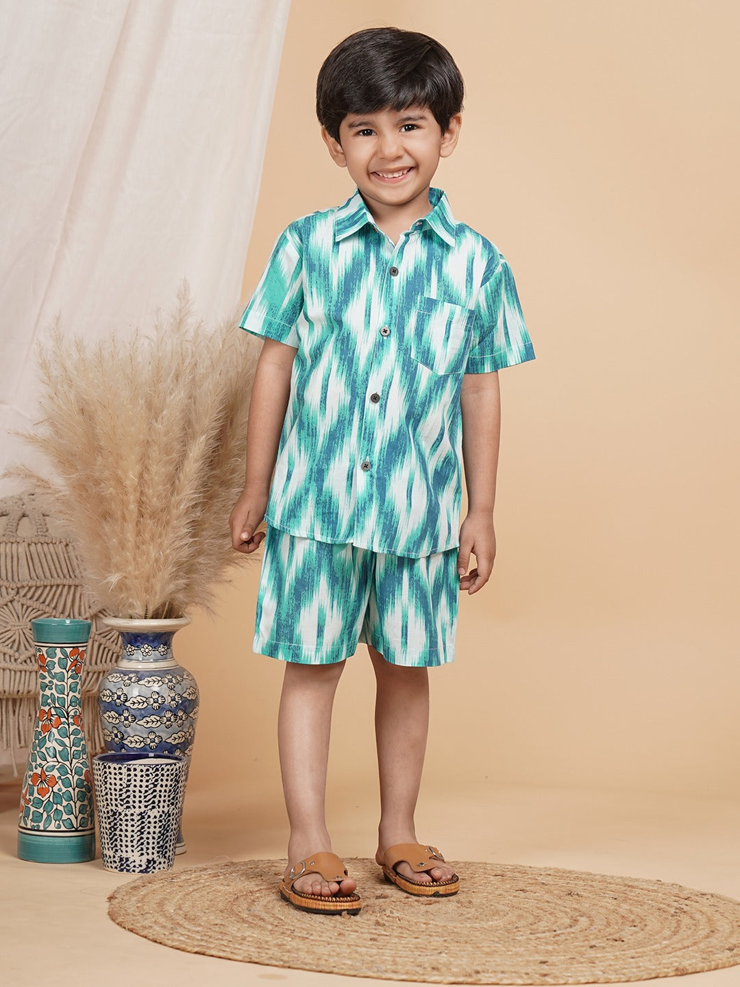 Unbind Boys Green Ikat Co-Ord Set | Classic Shirt & Shorts Combo
