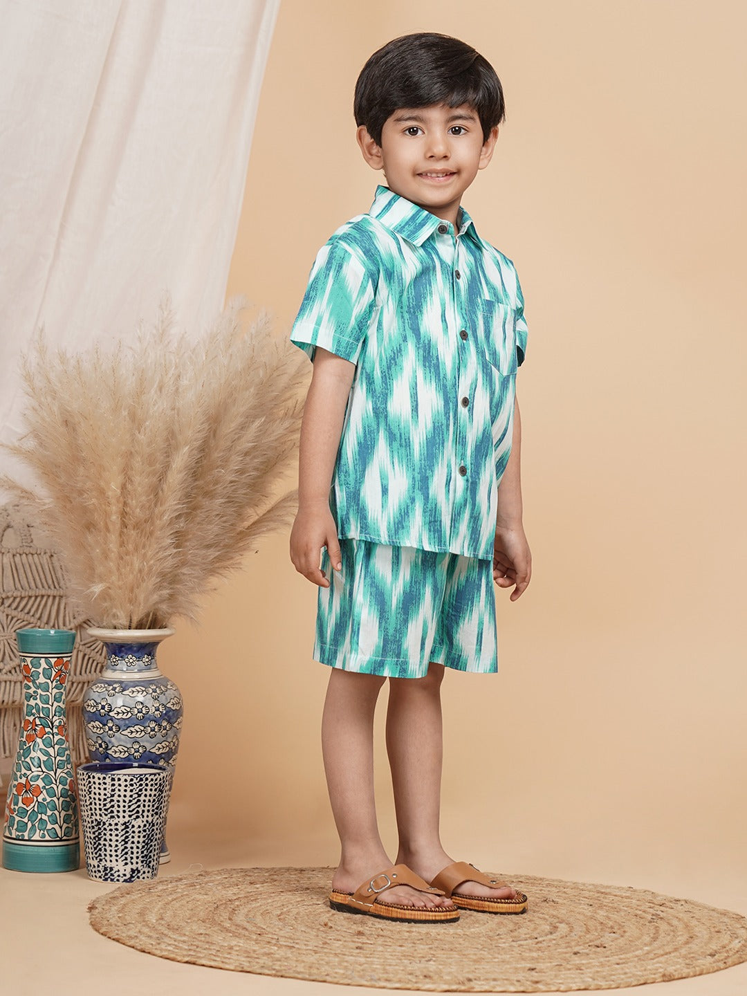 Unbind Boys Green Ikat Co-Ord Set | Classic Shirt & Shorts Combo