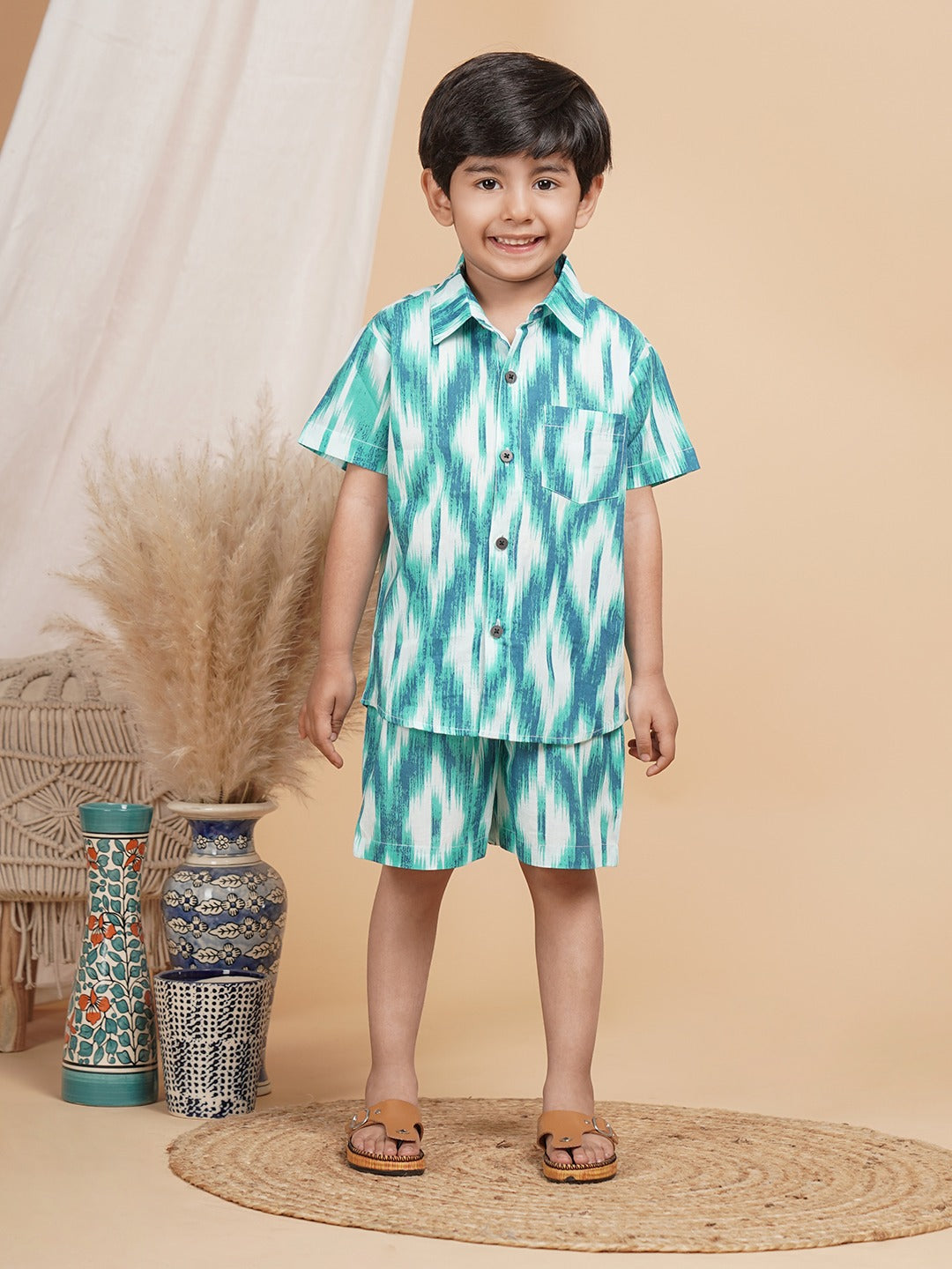 Unbind Boys Green Ikat Co-Ord Set | Classic Shirt & Shorts Combo