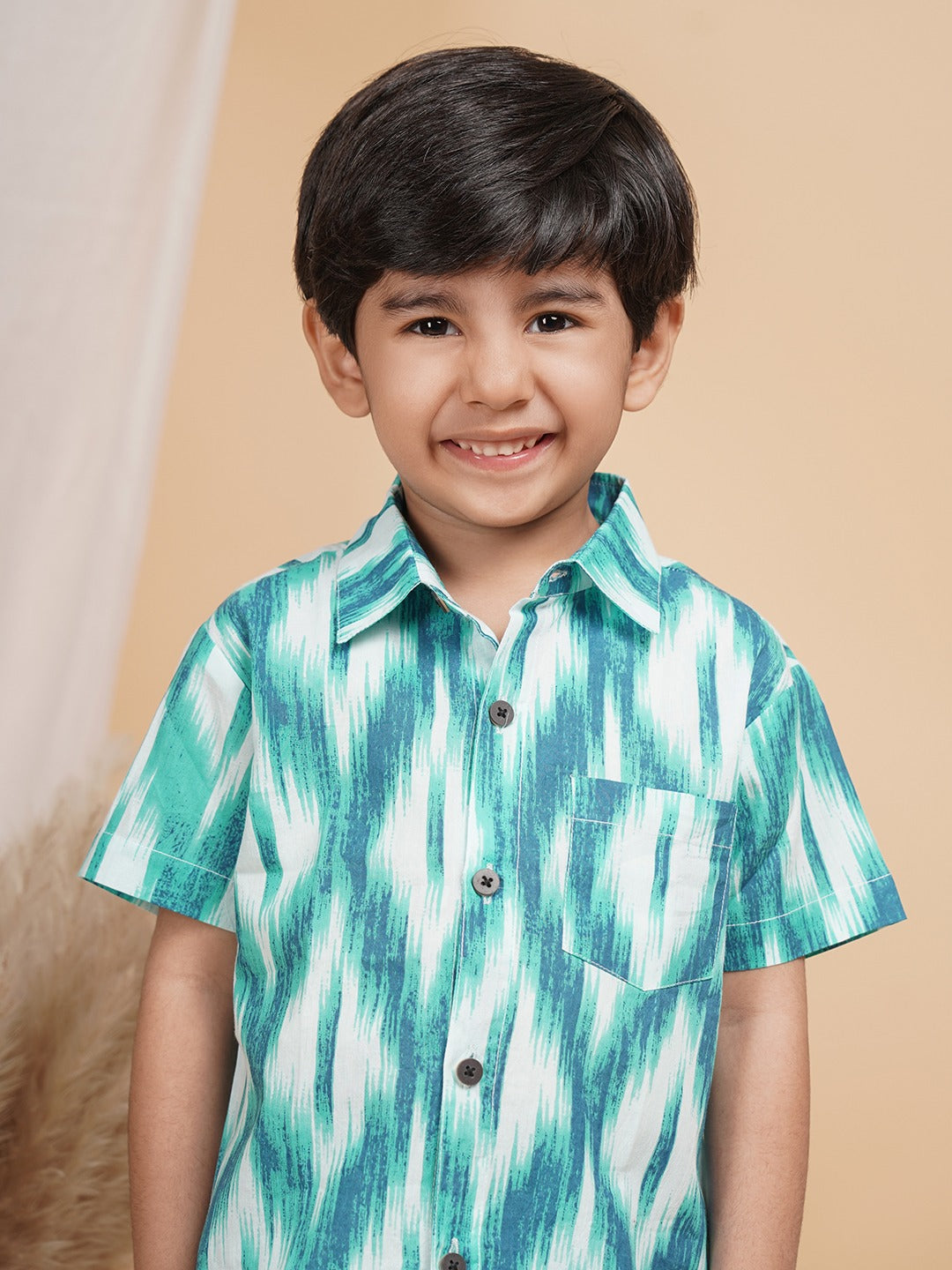 Unbind Boys Green Ikat Co-Ord Set | Classic Shirt & Shorts Combo