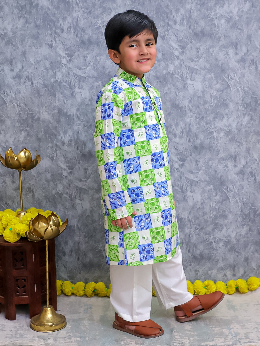 Unbind Multicolor Floral Block Print Kurta Pajama Set for Boys