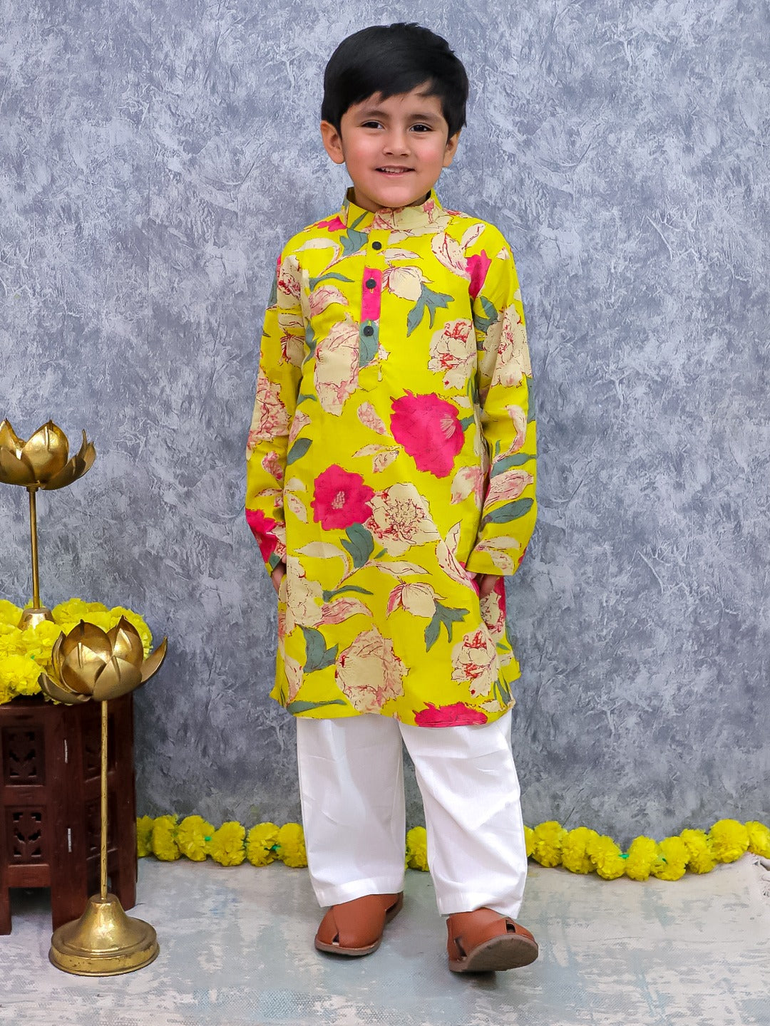 Unbind Yellow Floral Print Kurta Pajama Set for Boys