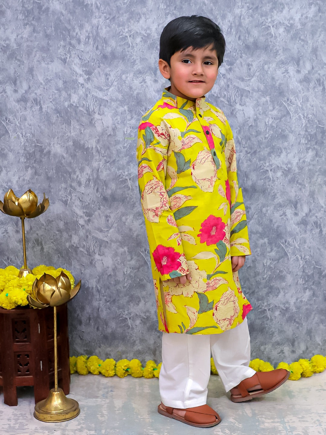 Unbind Yellow Floral Print Kurta Pajama Set for Boys