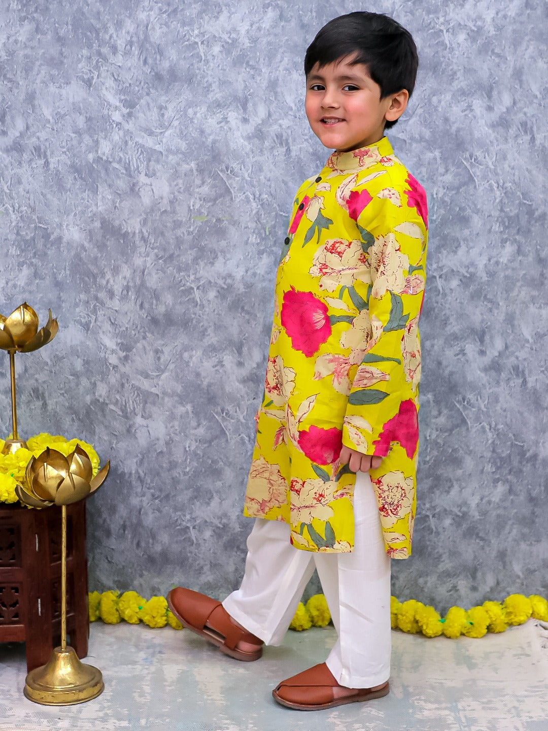 Unbind Yellow Floral Print Kurta Pajama Set for Boys