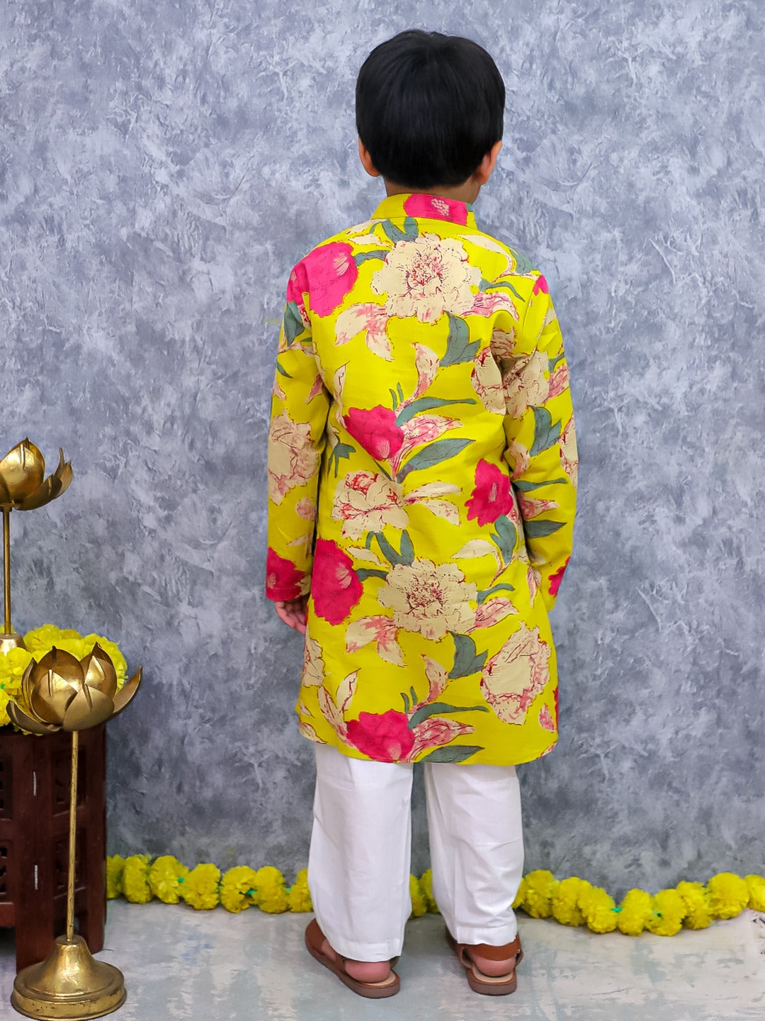 Unbind Yellow Floral Print Kurta Pajama Set for Boys