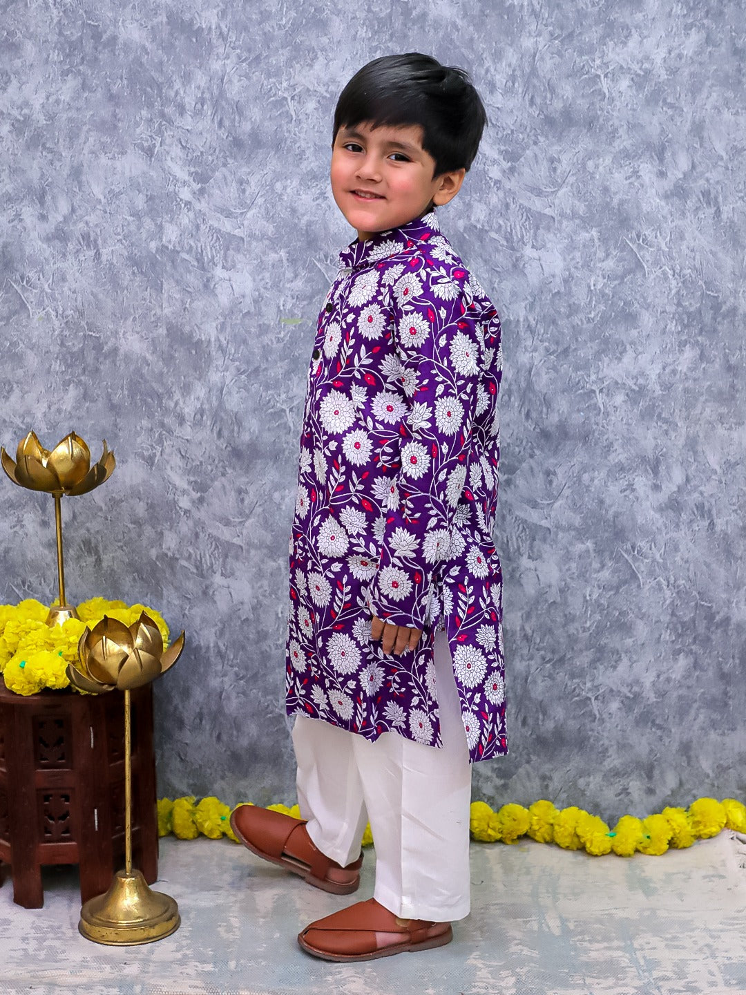 Unbind Purple Floral Embroidered Kurta Pajama Set for Boys