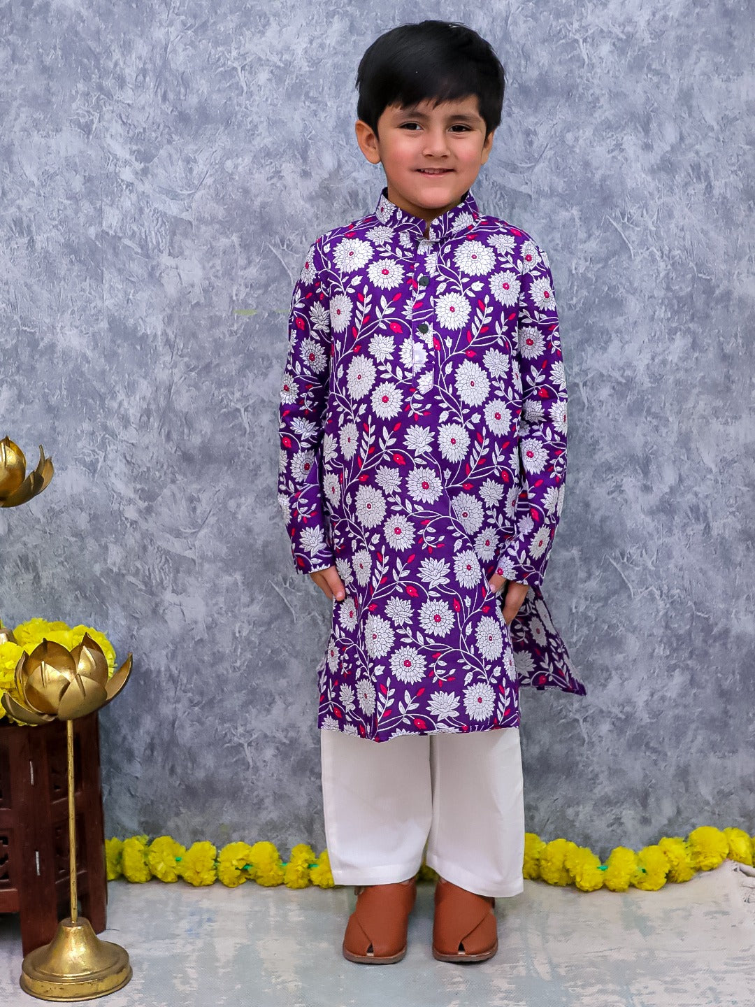 Unbind Purple Floral Embroidered Kurta Pajama Set for Boys